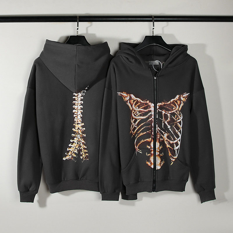 Hip Hop Vintage Skeleton Destruction Printed Zipper Hoodie