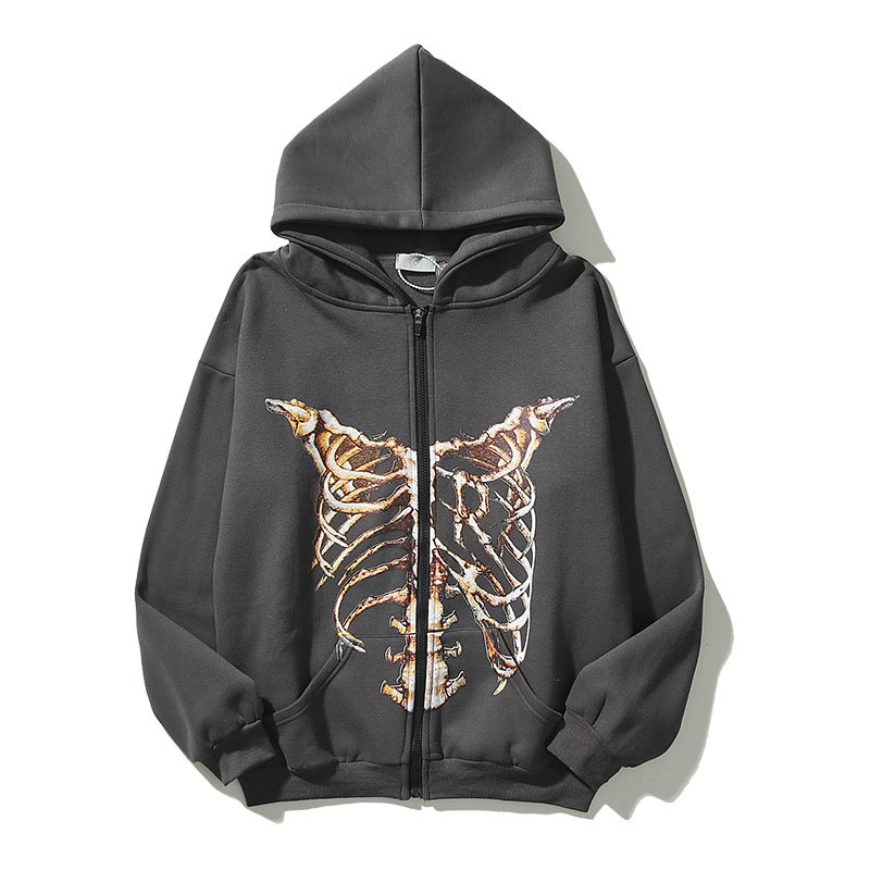 Hip Hop Vintage Skeleton Destruction Printed Zipper Hoodie