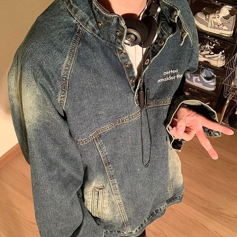 Hip Hop Vintage Aged Collar Denim Sweatshirt