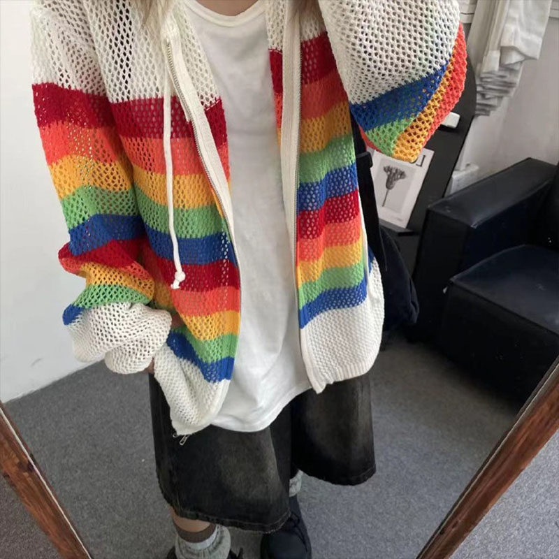 Rainbow Color Cutout Knit Hoodie