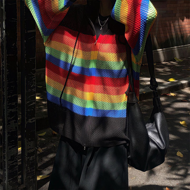 Rainbow Color Cutout Knit Hoodie