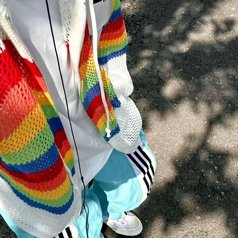 Rainbow Color Cutout Knit Hoodie