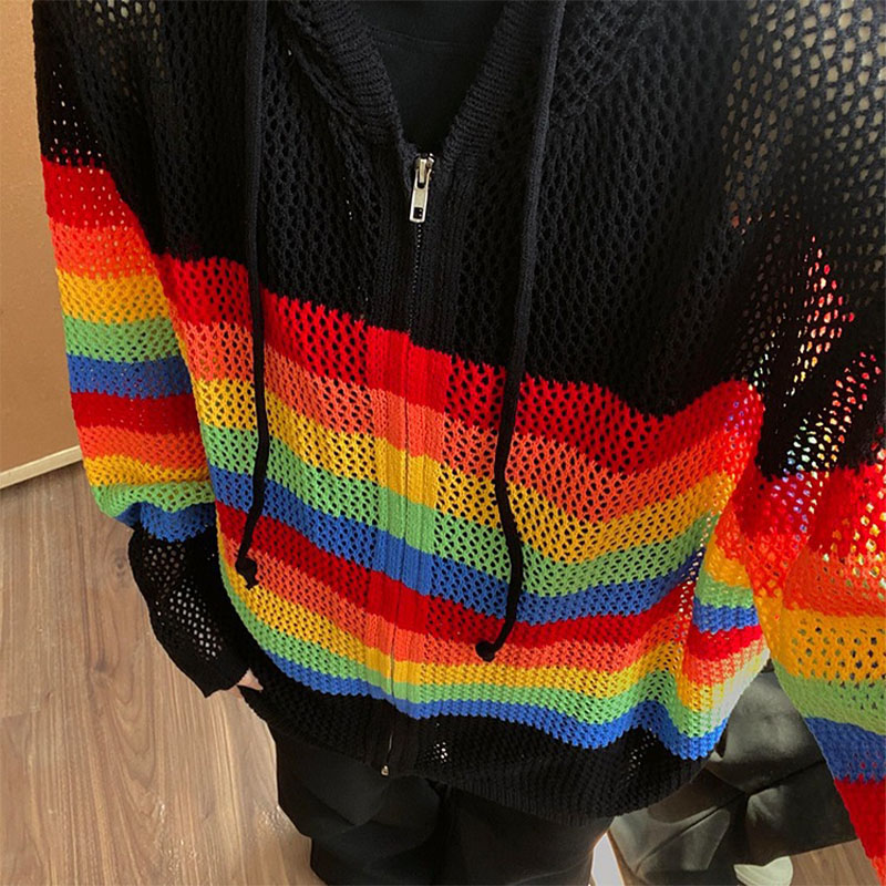 Rainbow Color Cutout Knit Hoodie