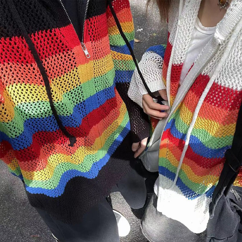 Rainbow Color Cutout Knit Hoodie