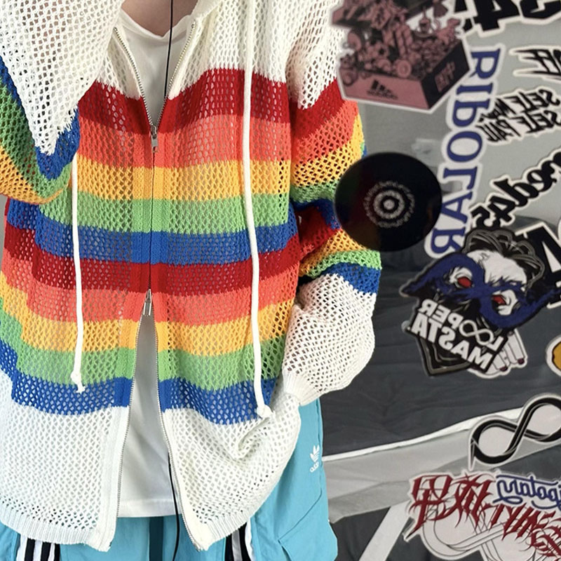 Rainbow Color Cutout Knit Hoodie