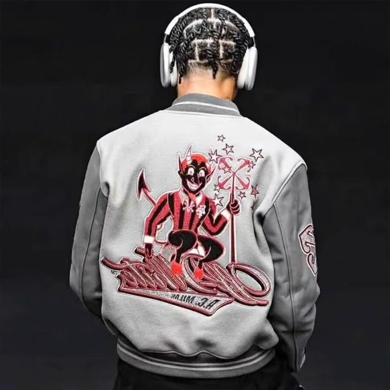 Hip Hop Color Clash PU Leather Embroidered Baseball Jacket