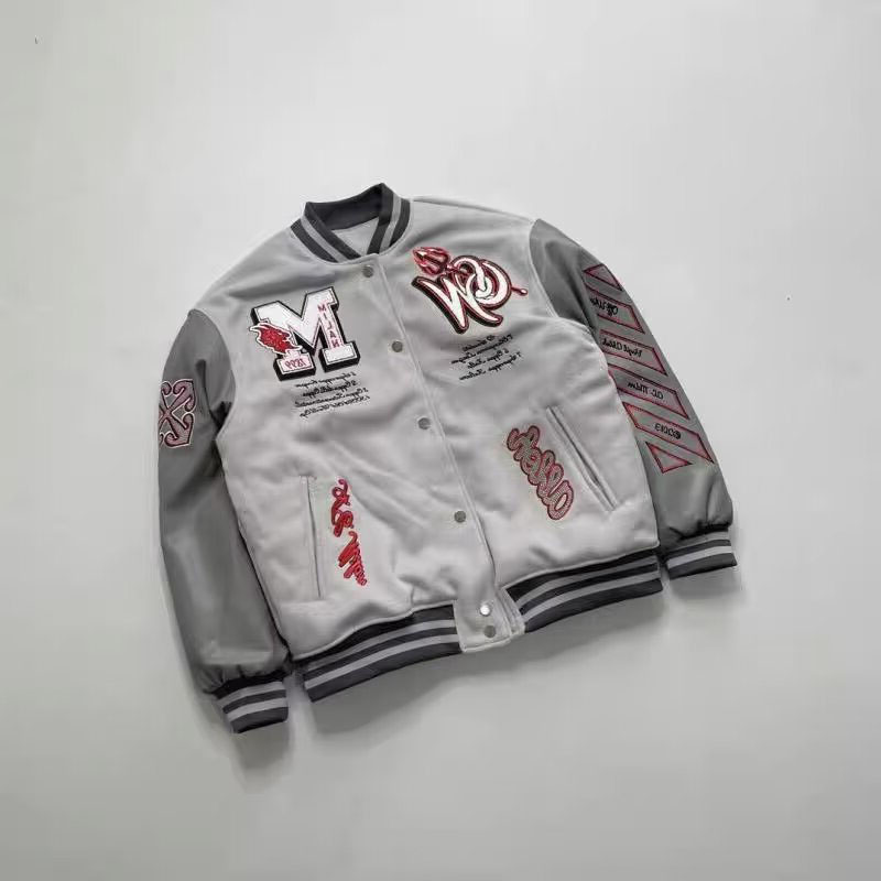 Hip Hop Color Clash PU Leather Embroidered Baseball Jacket