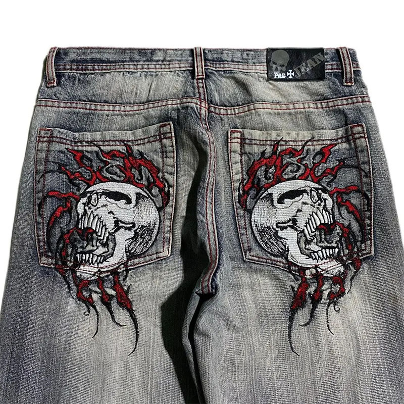 Hip Hop Vintage Skull Embroidered Loose Jeans