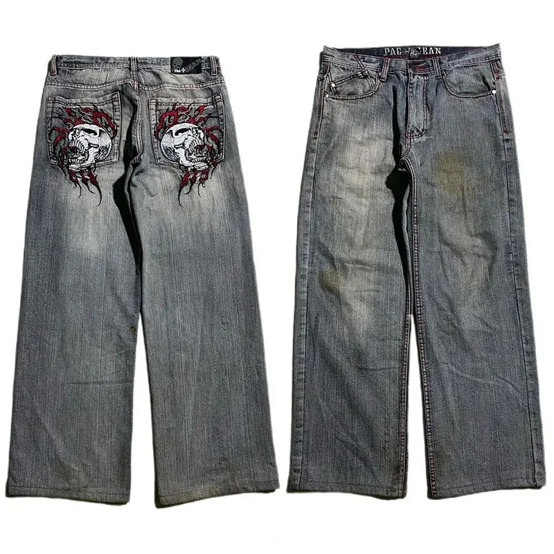 Hip Hop Vintage Skull Embroidered Loose Jeans