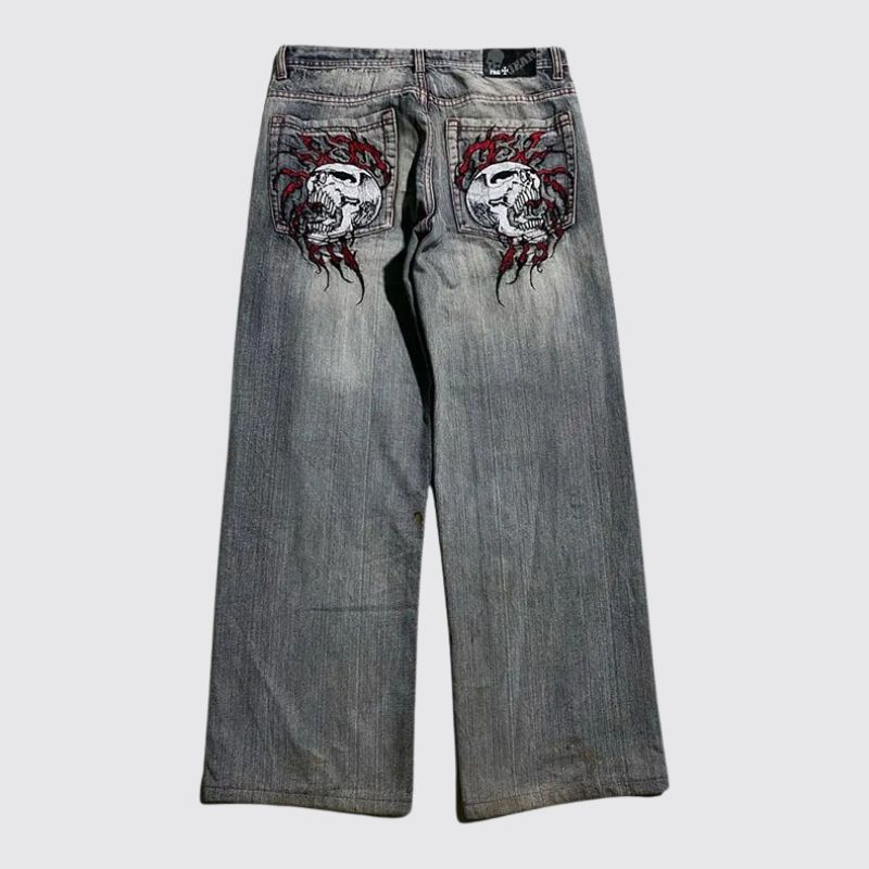 Vintage Skull Embroidered Loose Jeans