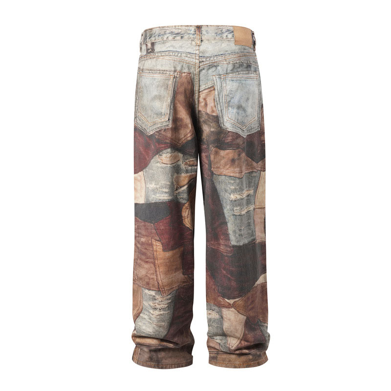 Vintage Patchwork Ripped Digital Print Jeans