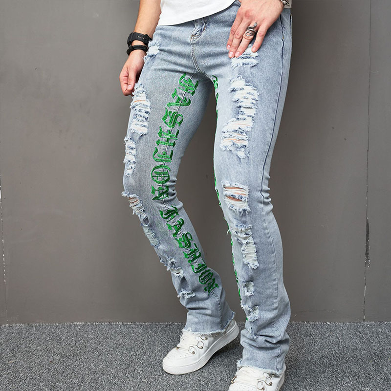 Monogrammed Embroidered Ripped Skinny Jeans