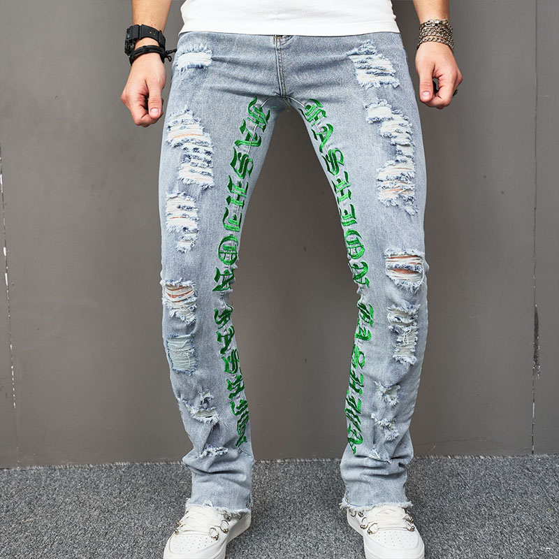 Monogrammed Embroidered Ripped Skinny Jeans