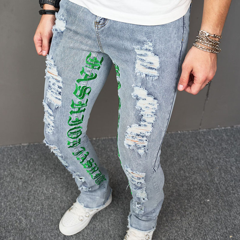 Monogrammed Embroidered Ripped Skinny Jeans