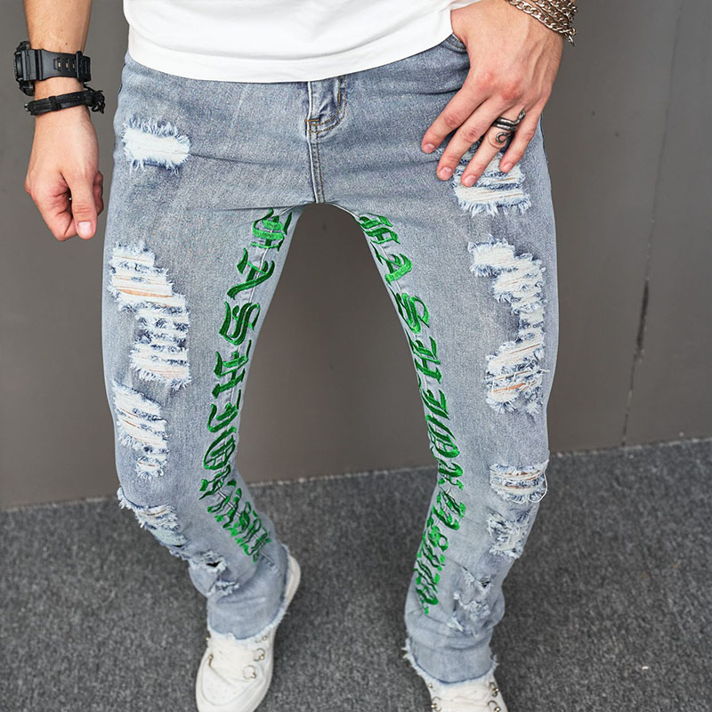 Monogrammed Embroidered Ripped Skinny Jeans