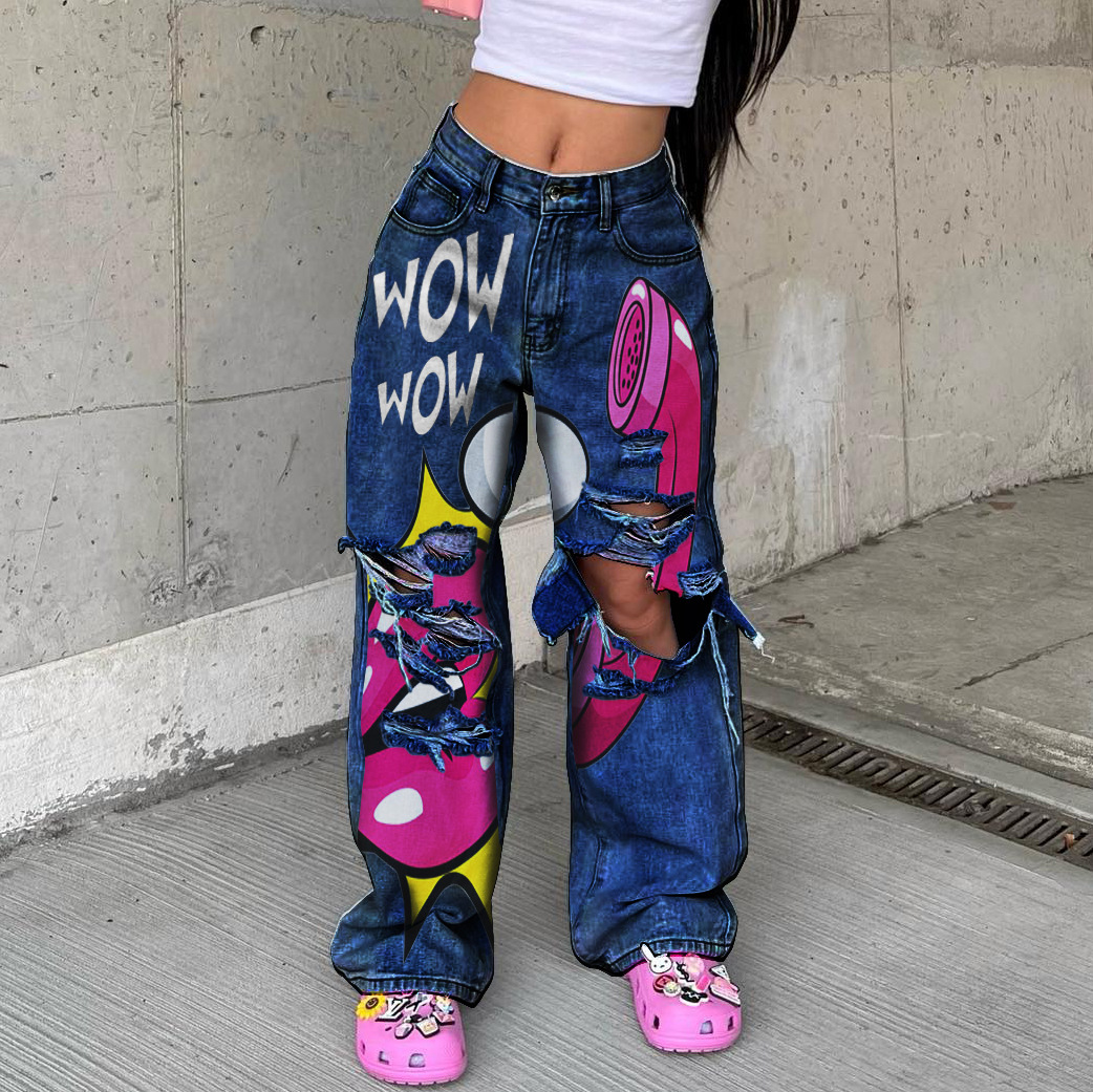 Unisex ripped printed jeans