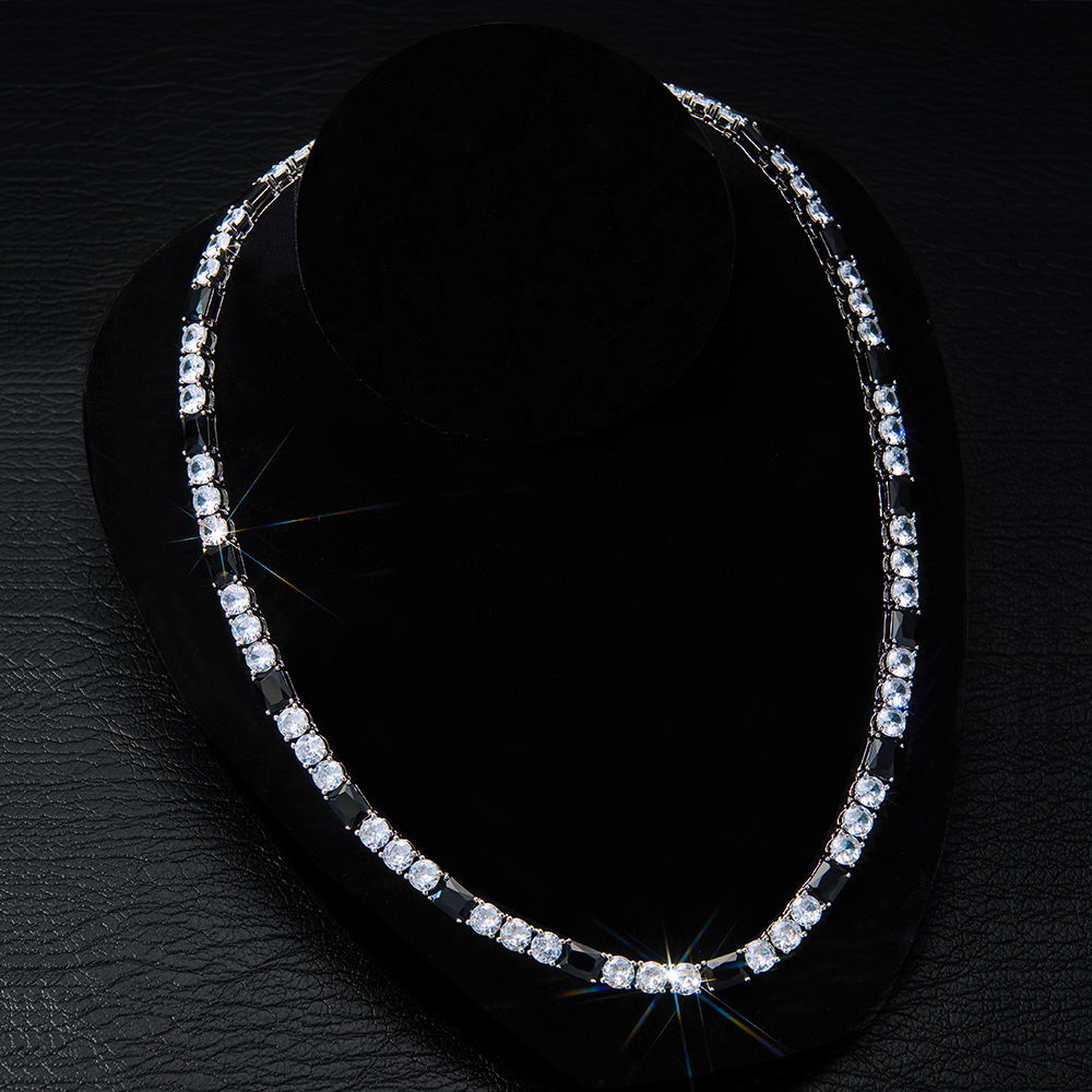 5mm Black&White Baguette&Round Stone Tennis Chain in White Gold