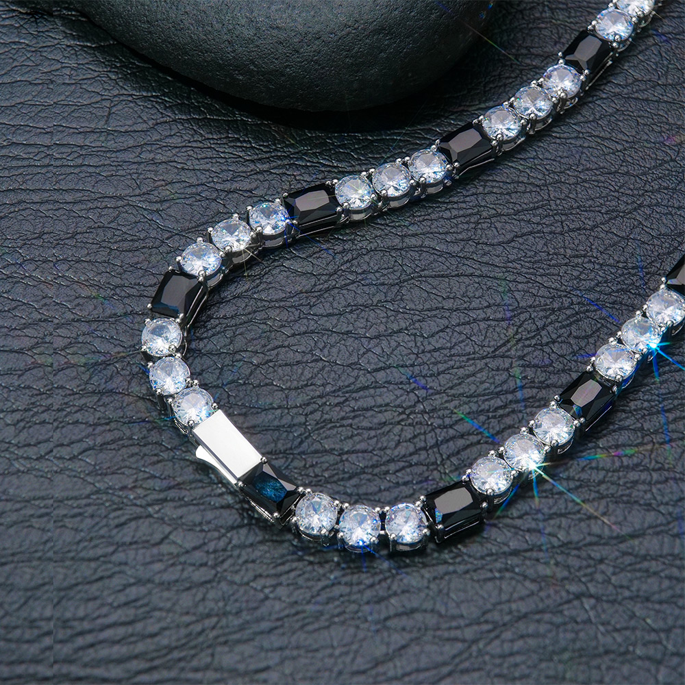 5mm Black&White Baguette&Round Stone Tennis Chain in White Gold