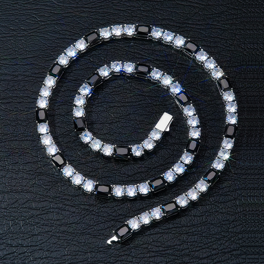 5mm Black&White Baguette&Round Stone Tennis Chain in White Gold