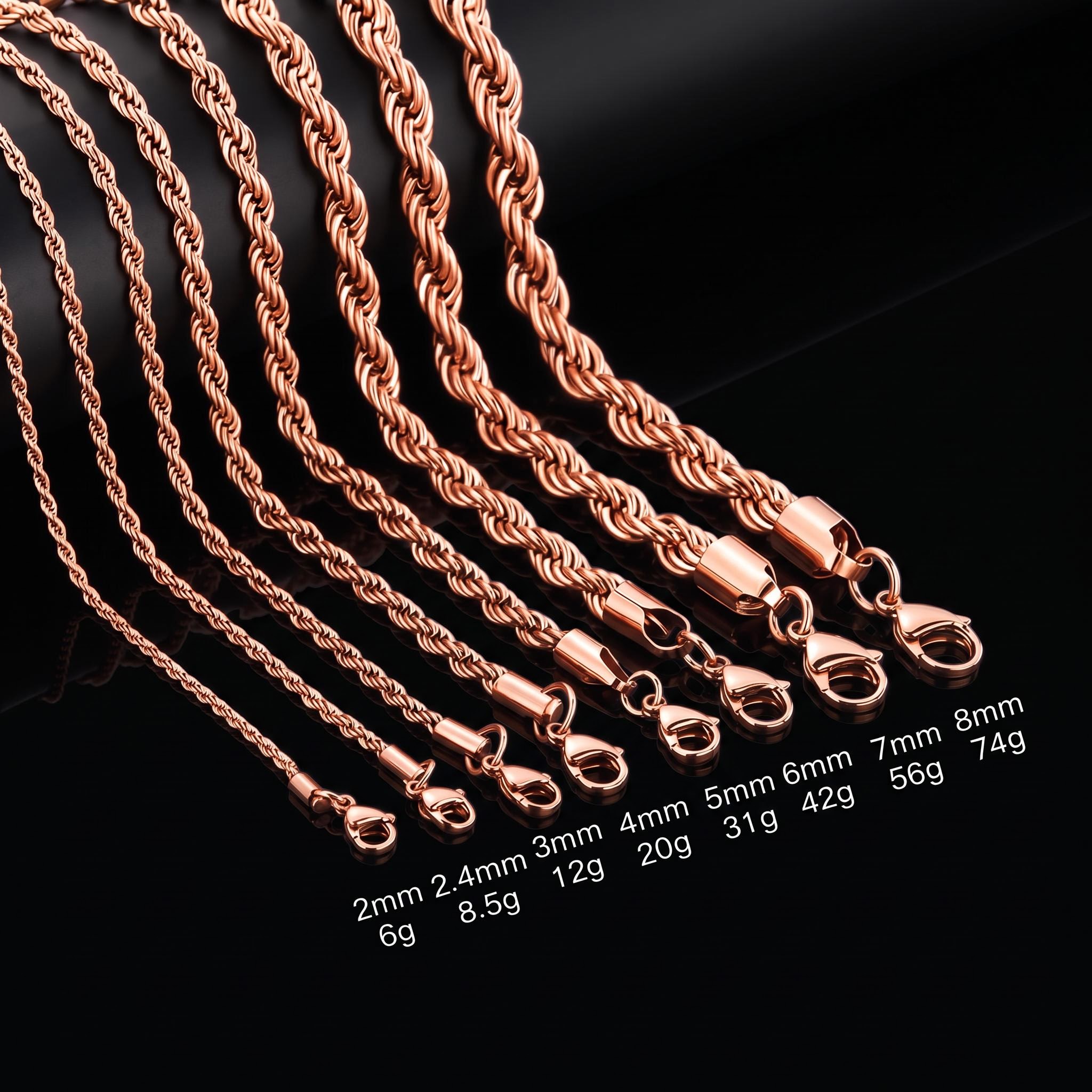 3mm/4mm/5mm/6mm/7mm/8mm Rope Chain in Rose Gold 3mm/4mm/5mm/6mm/7mm/8mm Rope Chain in Rose Gold
