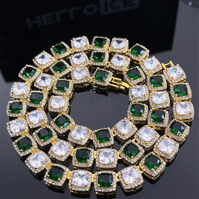 Iced Out 10mm Emerald White  Stones  Clustered Tennis Chain