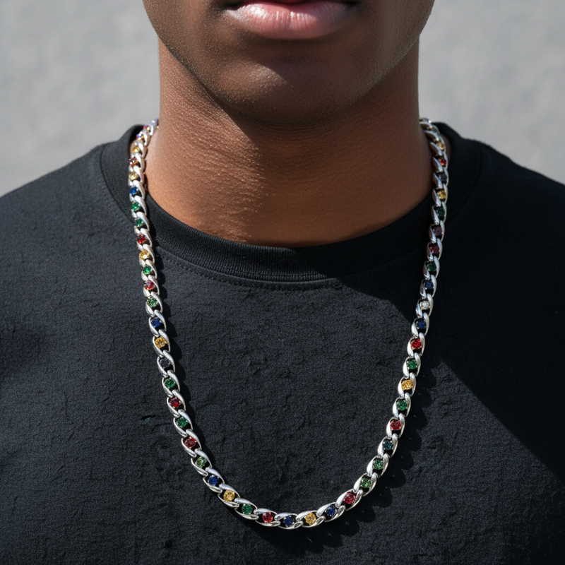Iced Out Colorful Gemstone Cuban Chain
