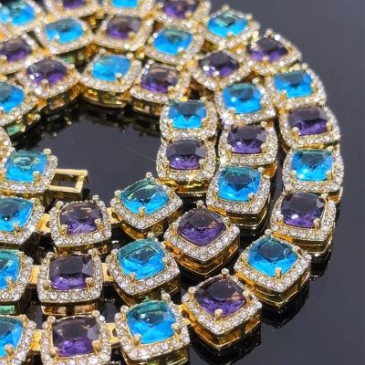 Iced Out 10mm Purple & Blue Stones Clustered Tennis Chain