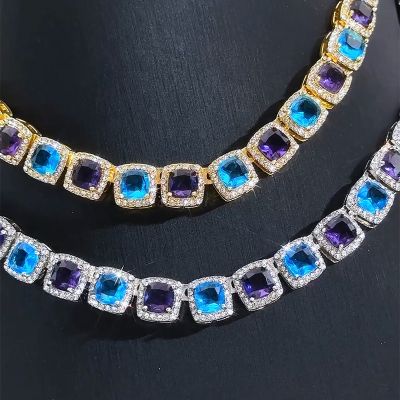 Iced Out 10mm Purple & Blue Stones Clustered Tennis Chain