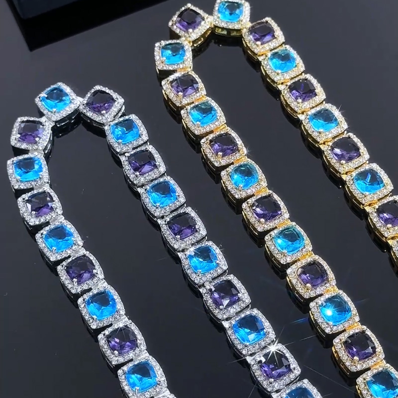 Iced Out 10mm Purple & Blue Stones Clustered Tennis Chain