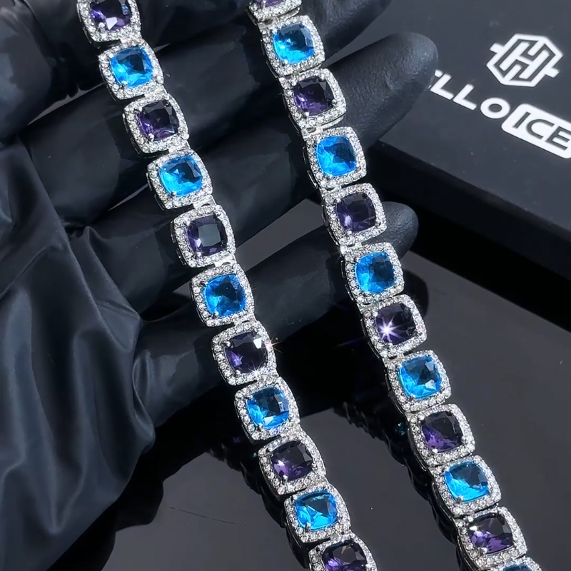 Iced Out 10mm Purple & Blue Stones Clustered Tennis Chain