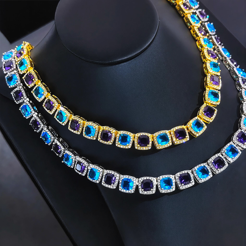 Iced Out 10mm Purple & Blue Stones Clustered Tennis Chain