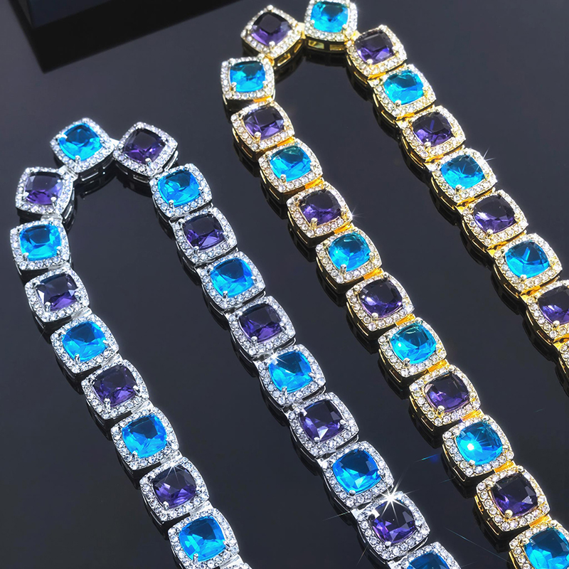 Iced Out 10mm Purple & Blue Stones Clustered Tennis Chain