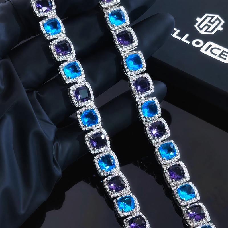 Iced Out 10mm Purple & Blue Stones Clustered Tennis Chain
