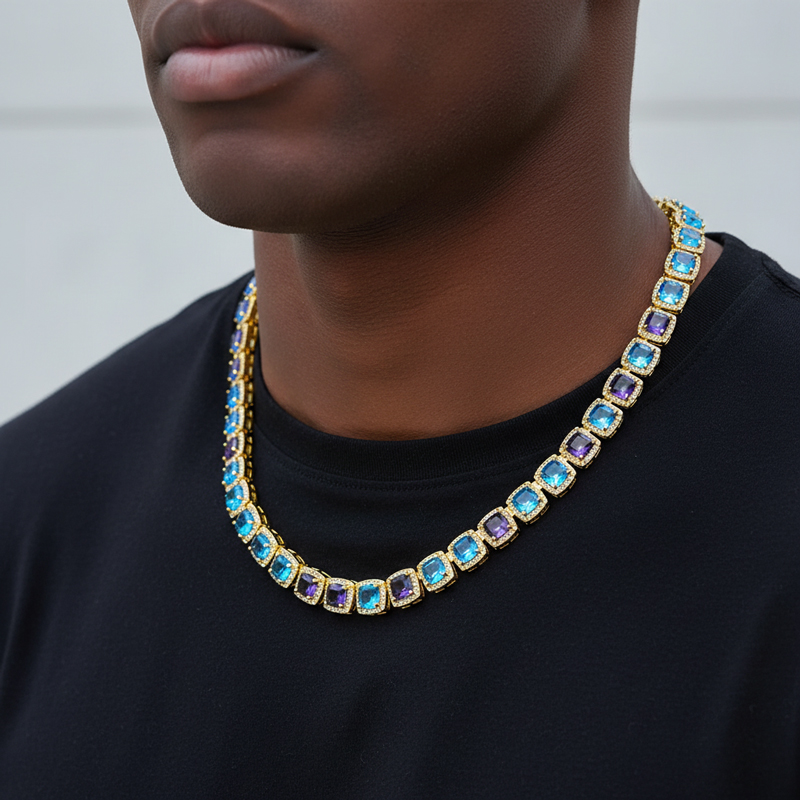 Iced Out 10mm Purple & Blue Stones Clustered Tennis Chain