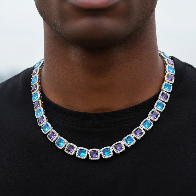 Iced Out 10mm Purple & Blue Stones Clustered Tennis Chain
