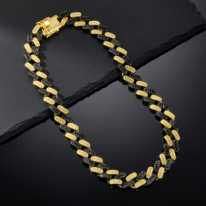 15mm Iced Out Black & Yellow  Diamond two-tone Cuban Chain