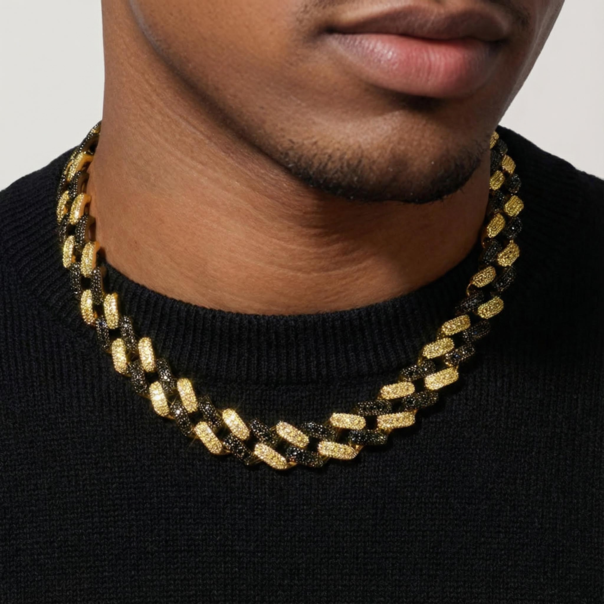 15mm Iced Out Black & Yellow  Diamond two-tone Cuban Chain