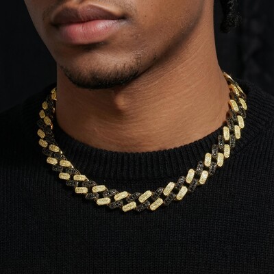 15mm Iced Out Black & Yellow  Diamond two-tone Cuban Chain
