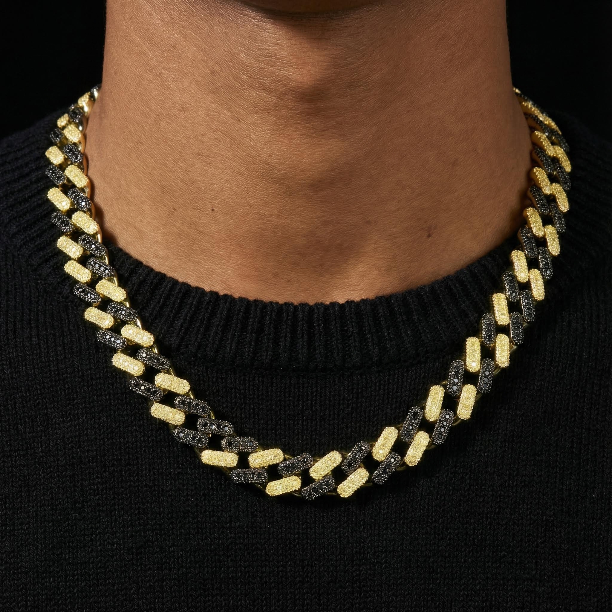 15mm Iced Out Black & Yellow  Diamond two-tone Cuban Chain