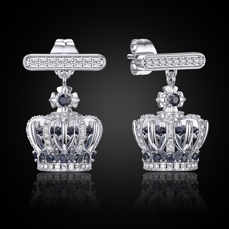 Blue Stones Crown Earrings in White Gold