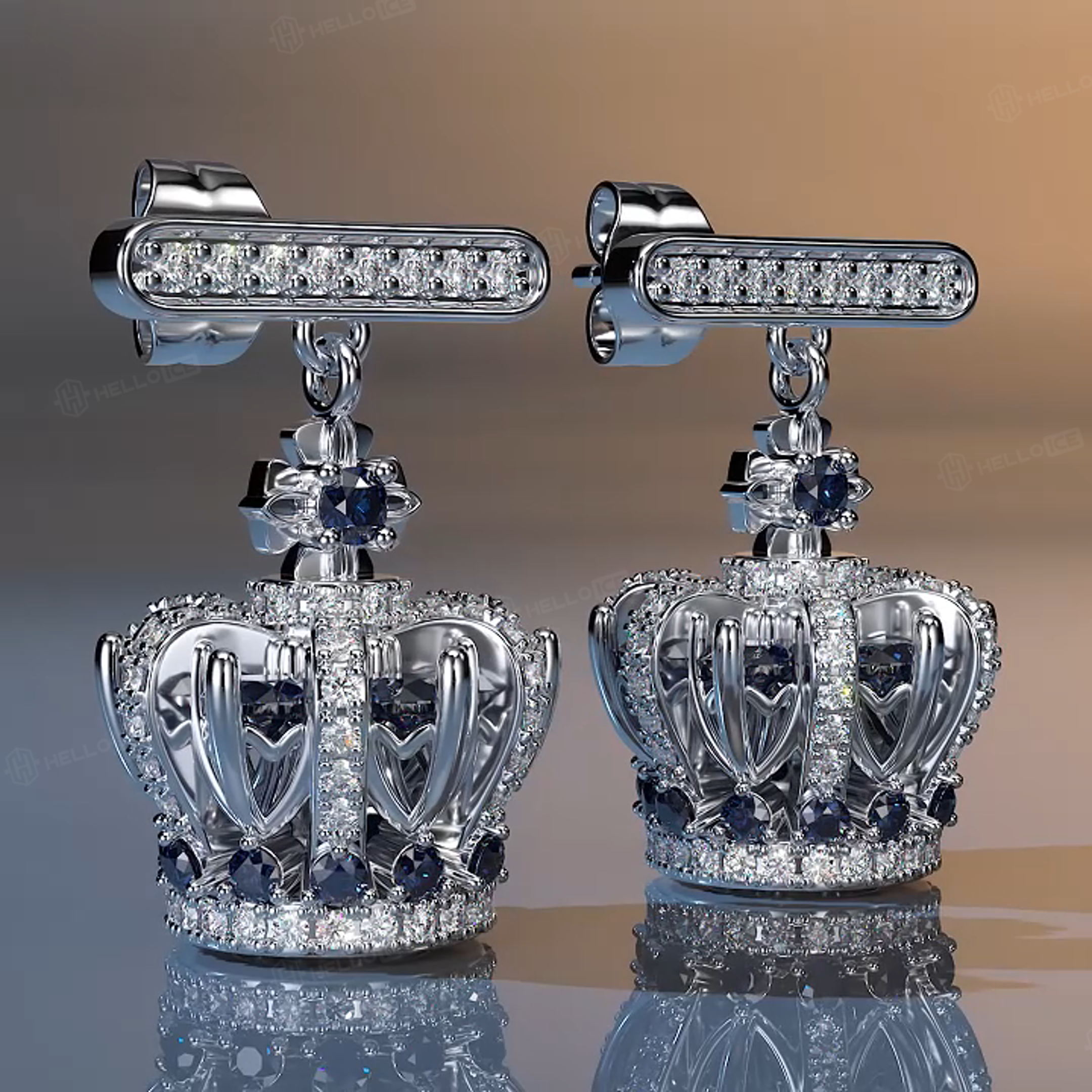 Blue Stones Crown Earrings in White Gold