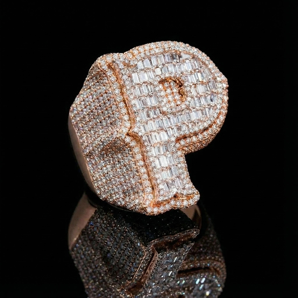 Moissanite Iced Custom Baguette Cut Initial Name Ring Moissanite Iced Custom Baguette Cut Initial Name Ring