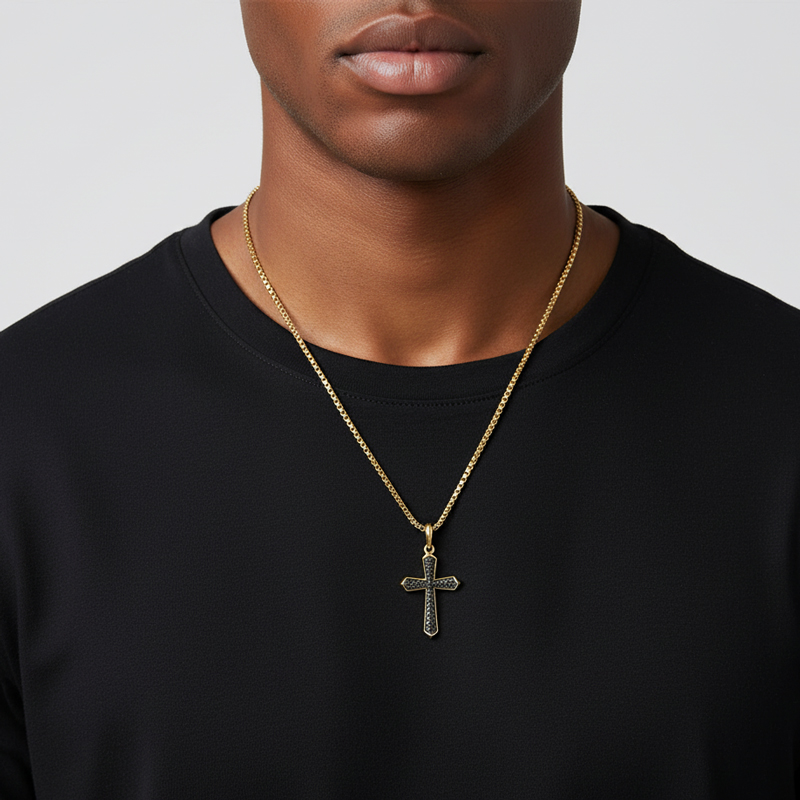 Black Iced Out Cross Pendant in Gold