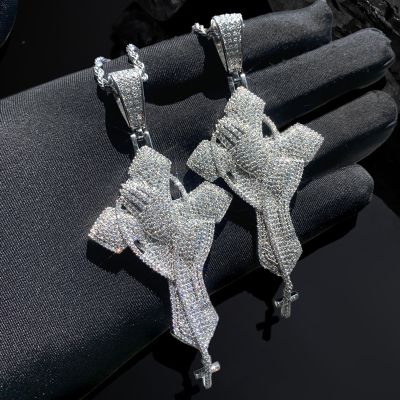 Iced Out Praying Hands Cross Pendant in White Gold