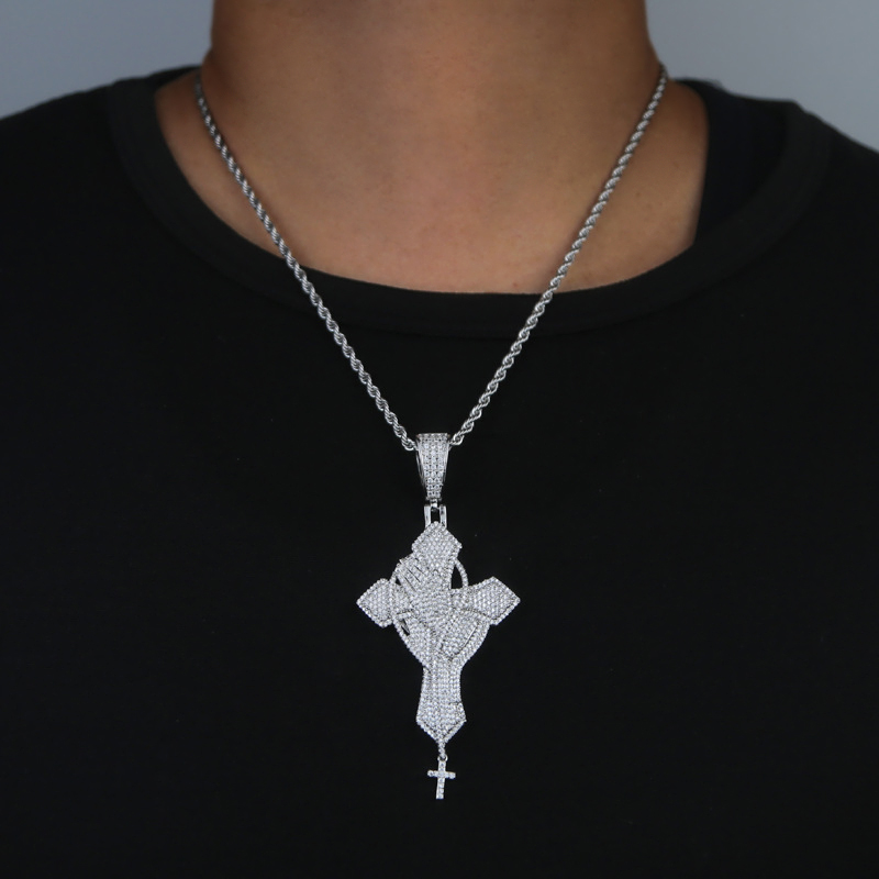 Iced Out Praying Hands Cross Pendant in White Gold