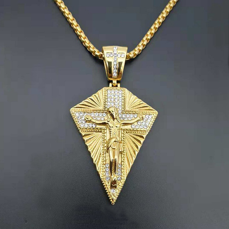 Iced Out Jesus Crucifix Cross Pendant in Gold