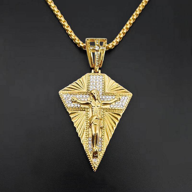 Iced Out Jesus Crucifix Cross Pendant in Gold