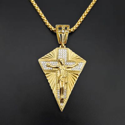 Iced Out Jesus Crucifix Cross Pendant in Gold