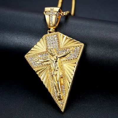 Iced Out Jesus Crucifix Cross Pendant in Gold