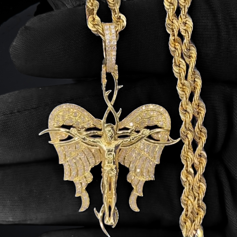 Iced Out Thorn Cross Jesus Wings Pendant